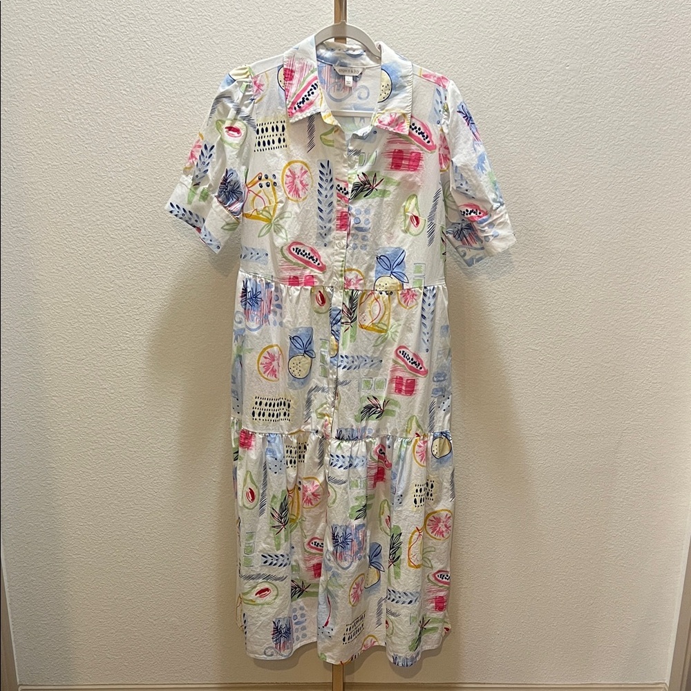 crown & ivy White Midi Shirt Dress with Pink, Yellow, Blue and Green Print